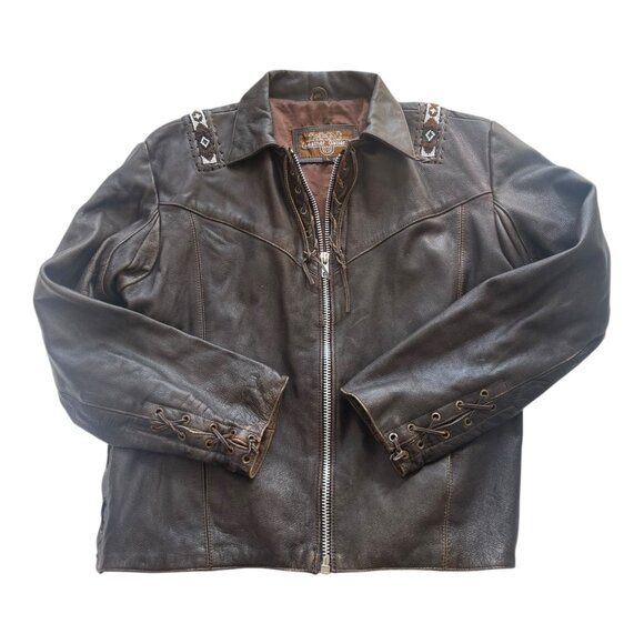 Vtg. Men's Leather Gallery Western Native Boho Lace-up Jacket Brown Beaded Rare - Picture 3 of 15